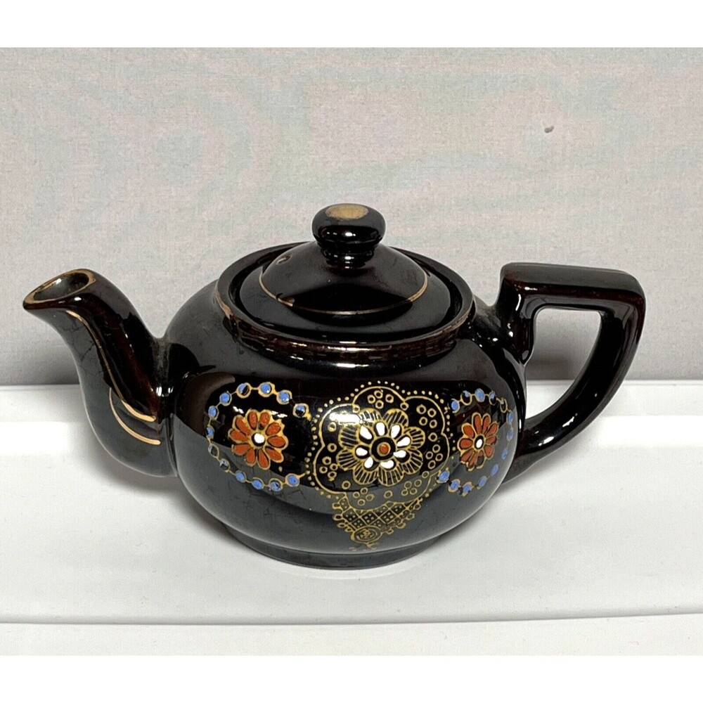 Betty Redware Brown Teapot Moriage Enamel Hand Painted Vintage 1960s Japan